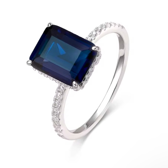 S925 Sterling Silver Radiant Cut Blue Vintage Cubic Zirconia Ring - Picture 9 of 12